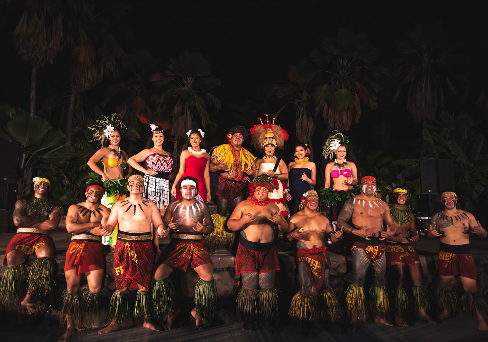 The cast of Myths of Maui, Maui luaus, gather after their performance.