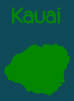 Green map icon of Kauai Island in Hawaii with green text above it reading Kauai