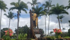 Statue of King Kamehamea the Great, located near downtown Hilo, Hawaii.