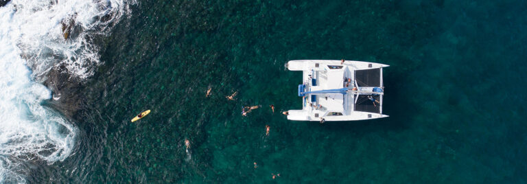 Aerial view of Holo Holo Snorkel boat tour on Kauai, Hawaii