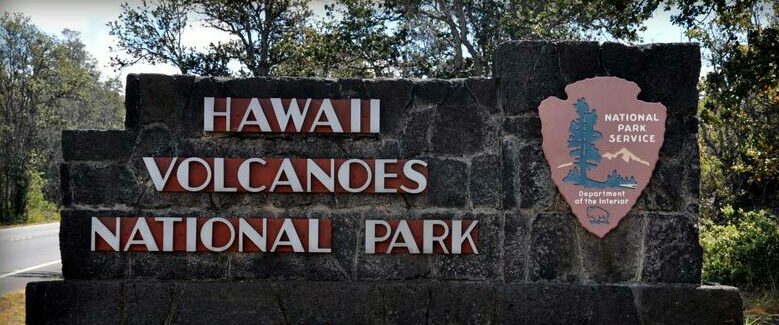 Entrance sign to Hawaii Volcanoes National Park on the Big Island.