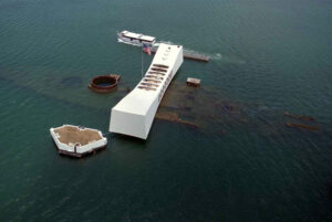 USS Arizona Memorial as seen from helicopter