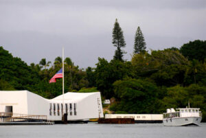 Arizona Memorial with shuttle boat in the distance