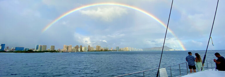 Full rainbow over Waikiki Bay on the Makani Catamaran