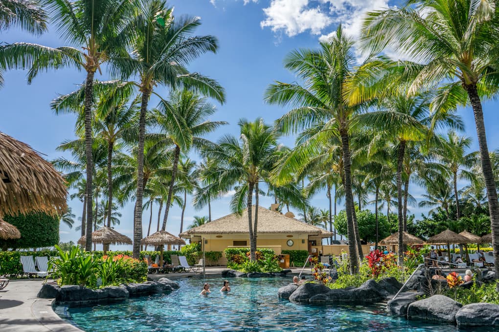 Palm trees surrounding pool at Hawaiian resort