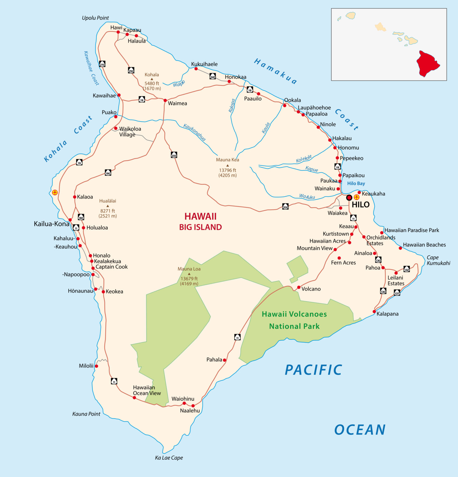 Map of the Big Isalnd, Hawaii.