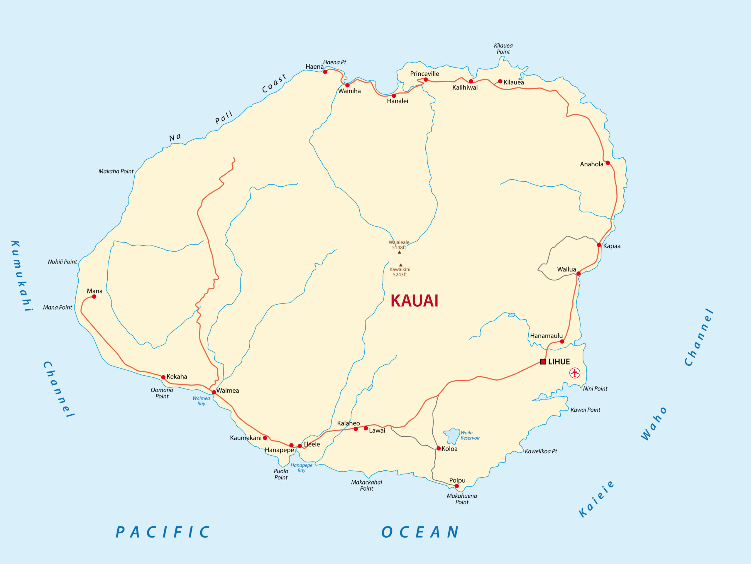 Road map of Kauai Island, Hawaii.