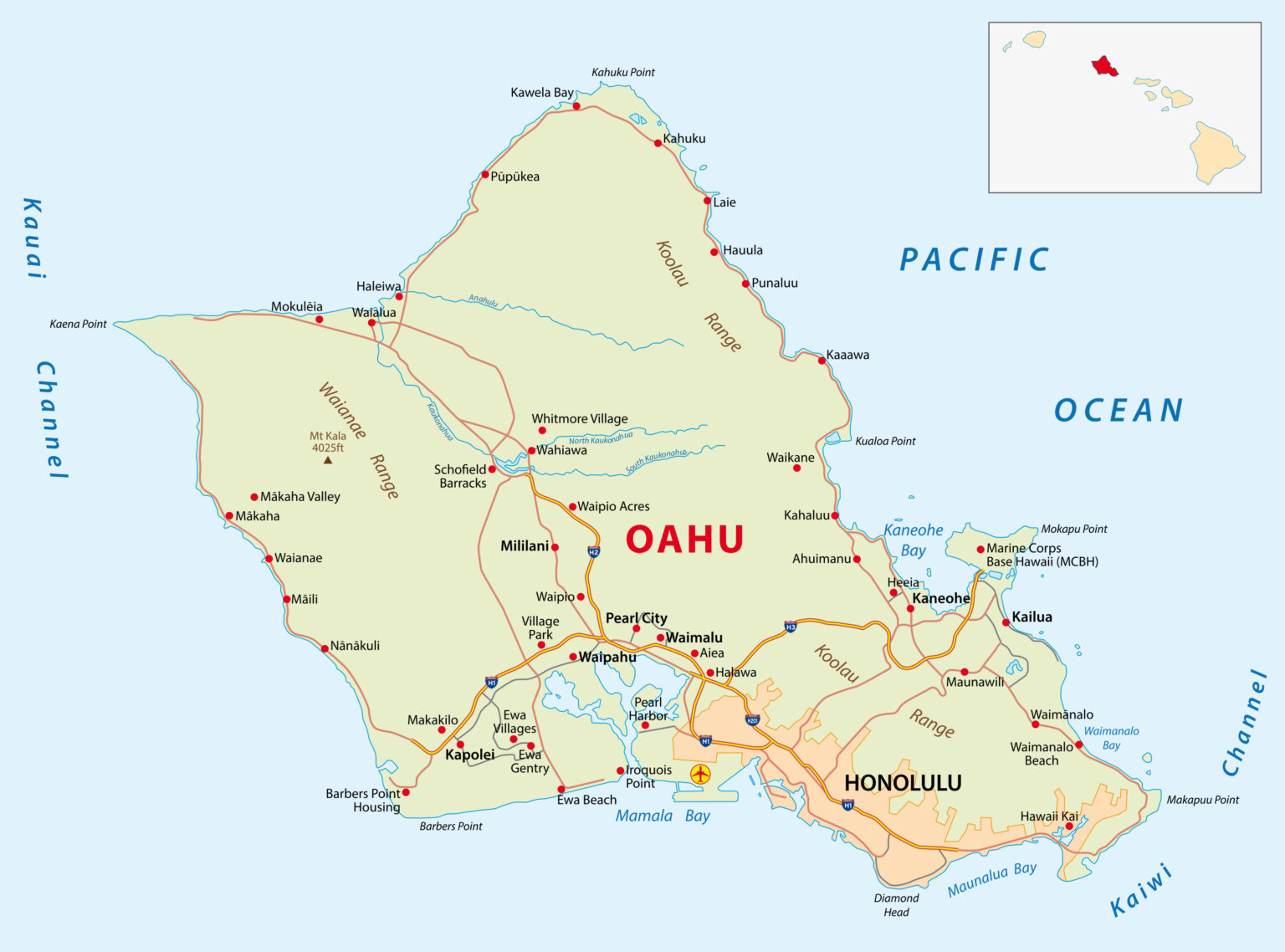 Road map of the island of Oahu.
