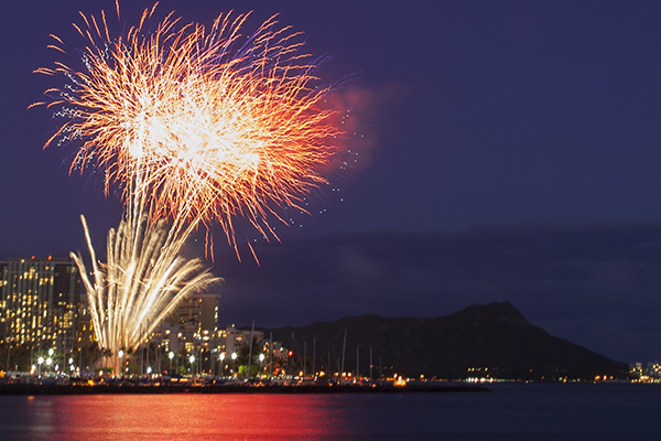 Fireworks illuminate the water over Waikiki Bay during the Famous Friday Night Fireworks display. 