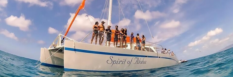 Guests stand aboard a catamaran on the Turtle Canyon Snorkel Sail and Lunch from Waikiki.