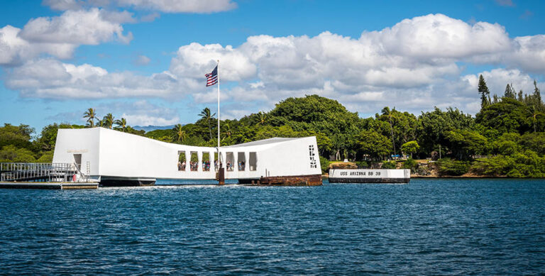 A sunny day at the USS Arizona Memorial at Pearl Harbor.